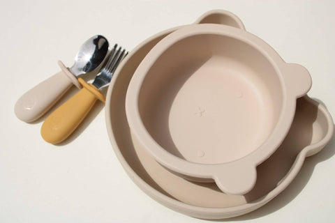 Silicone plate, bowl and cutlery