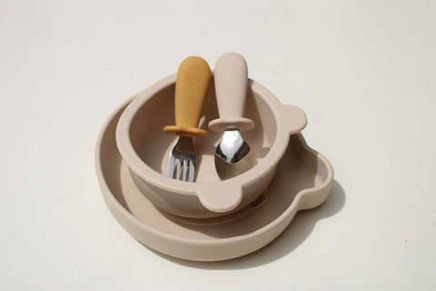 Silicone plate, bowl and cutlery